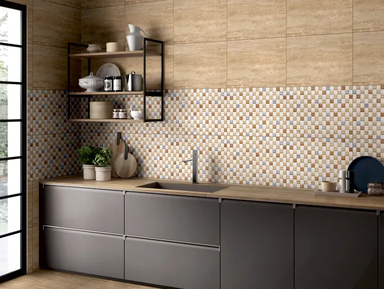 Elegant Beige kitchen design featuring colourful backsplash tiles and a large window.